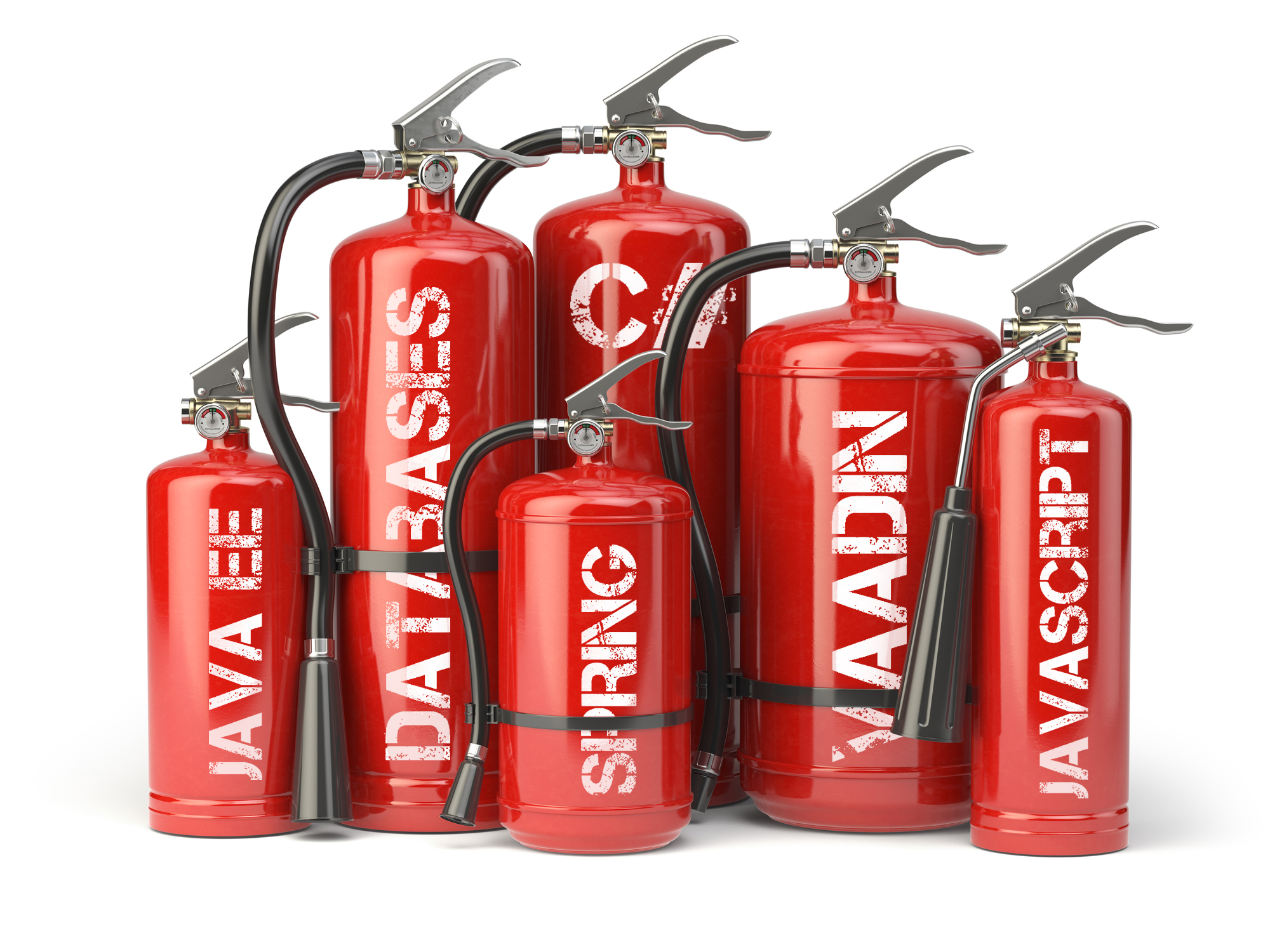 Fire extinguishers isolated on white background. Various types o